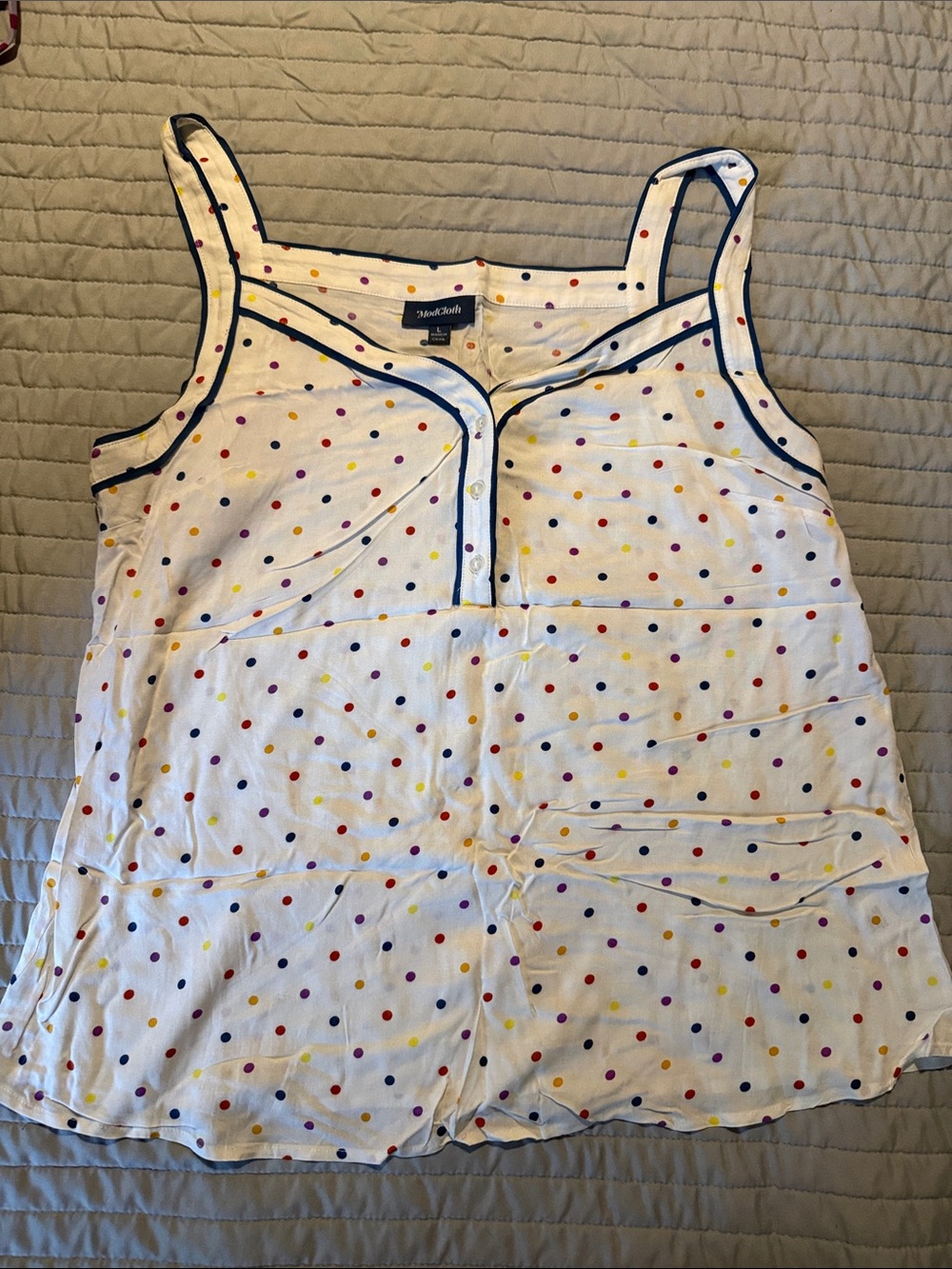 Modcloth White Polka Dot Camisole with Navy Trim and Multicolor Dots